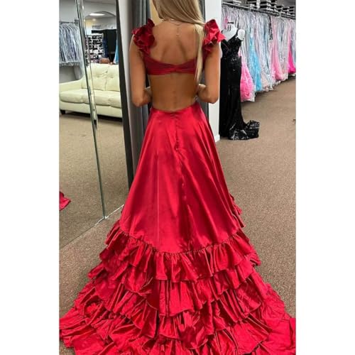 Satin Prom Dresses 2024 V Neck Tiered Ruffles Cutout Long Ball Gown High Low Formal Evening Party Gowns with Slit3