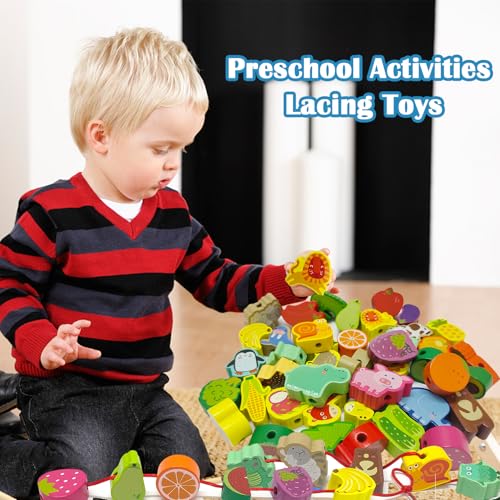 Image of 46 PCS Wooden Lacing Beads,Animals Fruits Threading Toys for Toddlers,Preschool Learning Lacing Toys,Montessori Educational Stringing Threading Beads Toys for Kids 3 4 5 6 Year Old Boys Girls