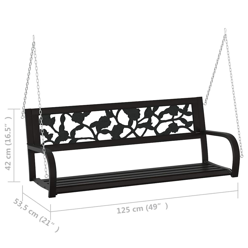 SYDE Banco Columpio de Jardín 125 cm Acero y Plástico Negro | Resistente a la intemperie, reposabrazos amplios, respaldo con estampado de rosas, cadenas incluidas