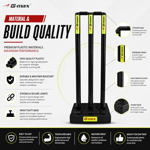 Image of G-Max Cricket Wicket Set - 30 Inch Plastic Stumps with Stand & Bails | Durable Cricket Wickets for Ground, Match, Tournament, Practice | Standard Size Cricket Kit for All Ages (Black)