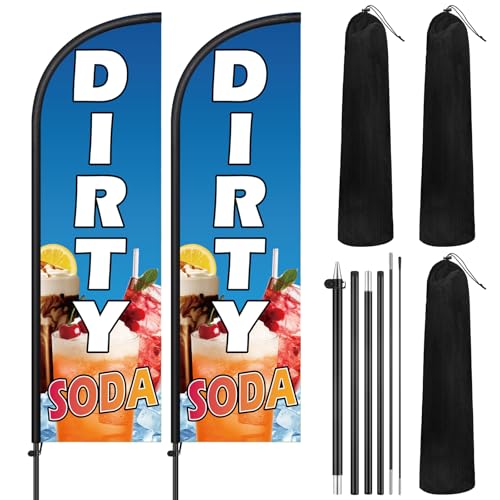 Image of Remagr 2 Pack Dirty Soda Feather Flag 7 ft Advertising Swooper Flag Sign Windless Dirty Soda Banner with Pole Kit and Ground Stake for Businesses Storefronts Retailers Shops Food Trucks Events