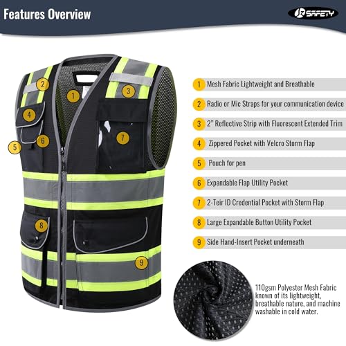 Image of JKSafety 11 Pockets Hi-Vis Black Mesh Safety Vest for Men Women High Visibility Reflective Construction with Zipper Work Utility PPE Work Gear ANSI /ISEA compliant (102-Black 4XL)
