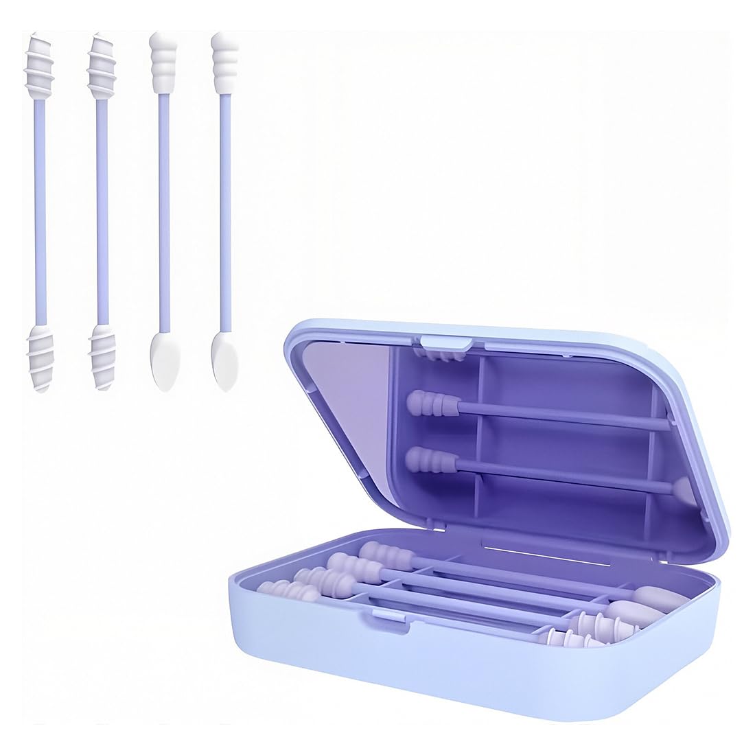 4 Pezzi Bastoncini di Cotone in Silicone Riutilizzabili, Con Specchio, Doppia Spirale per Pulizia Orecchie, Make-Up, Igiene Orale e Dentale (Blu)