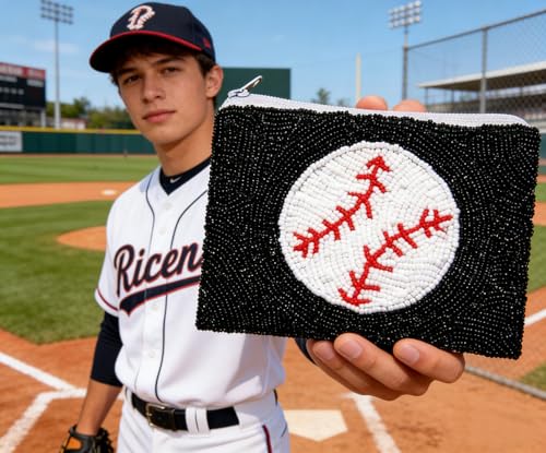 Image of Game Day Coin Purse Beaded Baseball Coin Purse for Women Sports Holiday Coin Pouch Small Change Purse Wallet for Her (Black Baseball)
