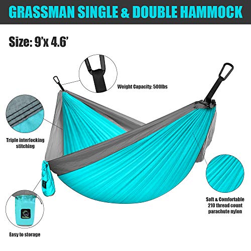 Grassman Camping Hammock Double & Single Portable Hammock with Tree Straps, Lightweight Nylon Parachute Hammocks Camping Accessories Gear for Indoor Outdoor Backpacking, Travel, Hiking, Beach - Image 2