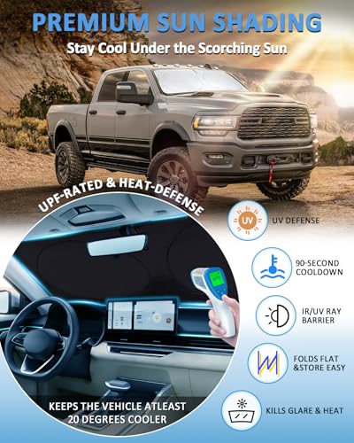 Image of Sun Shade for Ram 2500 Windscreen Sun Shade for 2010-2025 2026 Dodge RAM 1500 2500 3500 Truck 2Dr RegularCab, 4Dr QuadCab, CrewCab, MegaCab Accessories Windscreen Cover Sun Visor