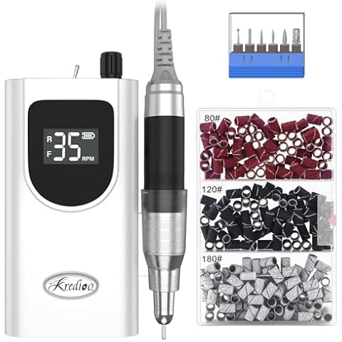 Kredioo Nail Drill Professional with 210pcs Sanding Bands Kit and 3/32'' Mandrel Drill Bits-White Cover