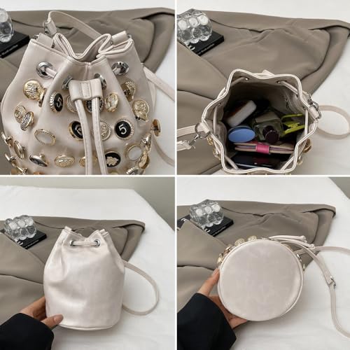 Stylish Button Embellished Leather Bucket Bag for Women, Large Capacity Drawstring Hobo Handbags Organizer Crossbody Purse2