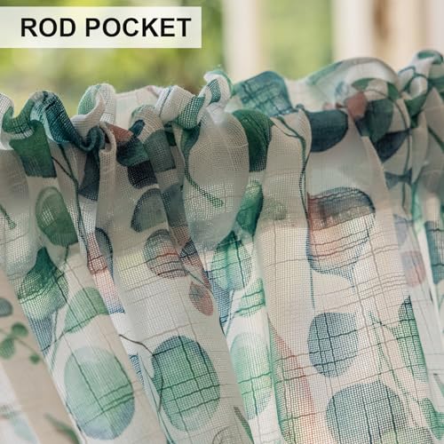 Image of SUOUO Green Eucalyptus Leaf Semi Sheer Curtains 96 Inches Rod Pocket | 2 Panels,Linen Textured,Light Filtering,Patterned Watercolor Botanical,Farmhouse Cottage Core,Drapes for Living Room Bedroom