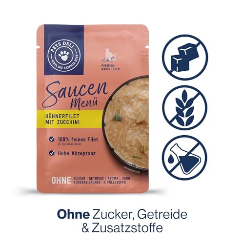 Pets Deli Nassfutter für Katzen Saucen Menü mit Hühnerfilet und Zucchini ohne Zucker und Gluten 12 x 70g