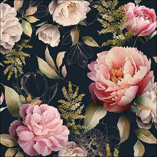 20 servilletas de papel Ambiente 'Peonies Composition Black', decoración de mesa vintage con motivo también para fiestas o decoupage, 33 x 33 cm