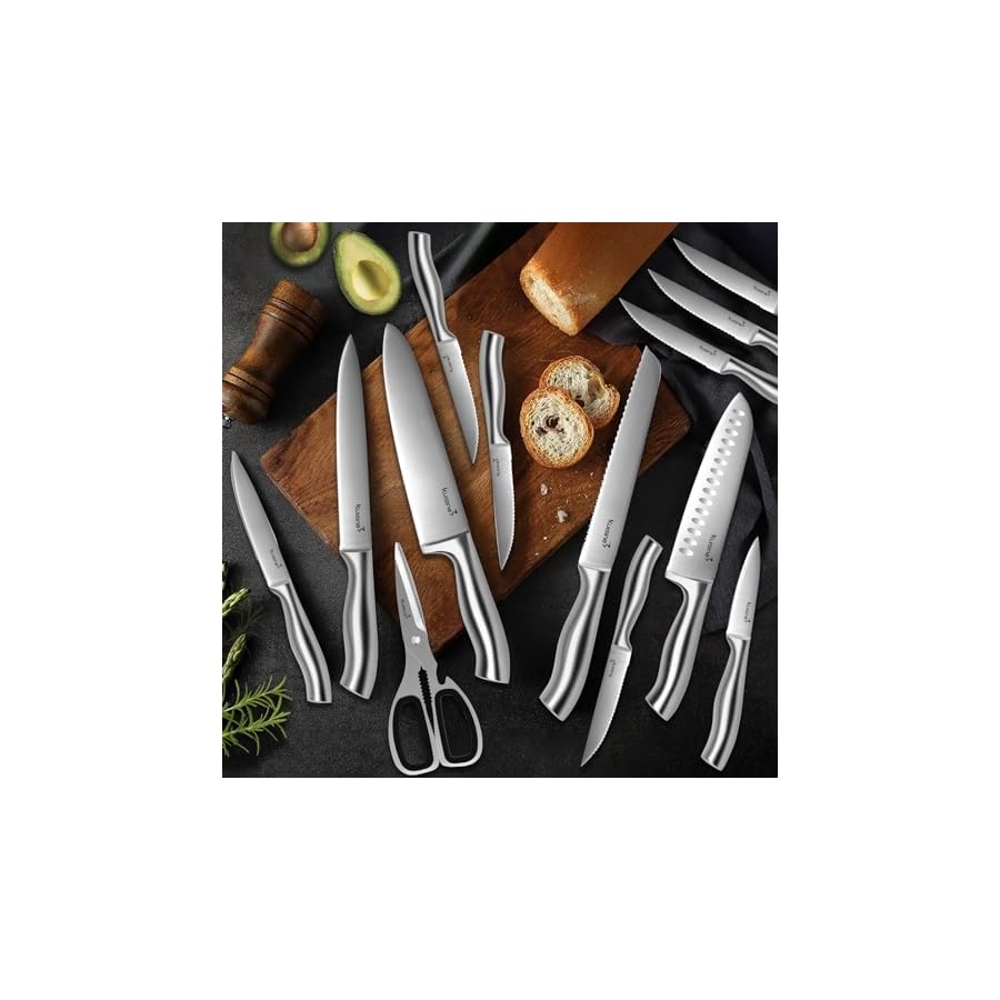 Kuisine-Premium-Knife-SetSharp-Blade-Ergonomic-Non-slip-HandleKitchen-Block-Knife-Set-Chef-Knife-Block-Set-with-Built-in-SharpenerAcacia-15PCS Kuisine Premium Knife Set,Sharp Blade Ergonomic Non-slip Handle,Kitchen Block Knife Set Chef Knife Block Set with Built-in Sharpener(Acacia, 15PCS)