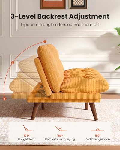 Image of Amada 66 inch Convertible Futon Sofa Bed, Corduroy Folding Futon Set with Adjustable Backrest &Armrests, Recliner Lounge for Living Room, Apartment or Office, Solid Wood Frame, Loveseat Sofa - Orange