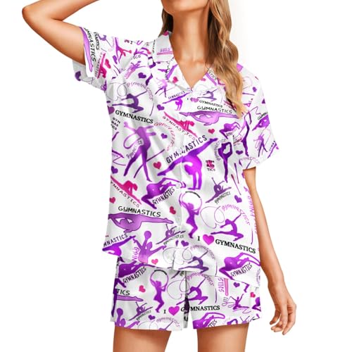 Image of Funny Pajamas for Women Set Print Satin Loungewear Pjs Short Sleeve Button Down Top and Shorts Sets Sleepwear XS-3XL