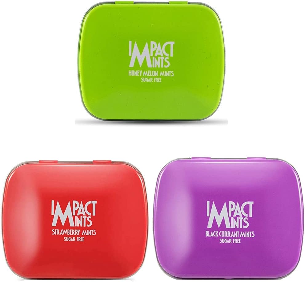 Impact Mints Sugar Free Mints Honey Melon 14g, 14 g & Mints Sugar Free Mints Strawberry 14g, 14 g & Mints Sugar Free Mints Black Currant 14g, 14 g