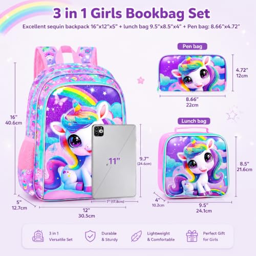 Image of 3Pcs Unicorn Backpack for Girls, 16 inch School Backpacks Set for Elementary Preschool Kindergarten, Kids Bookbag with Lunch Box(Pink)