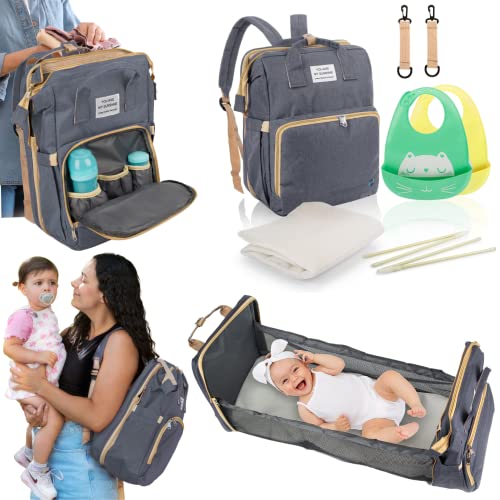 ECARTYA Mochila Pañalera de Bebés + Babero + Colchón + Sujeción para Carro. Mochila Bebé Multifuncional con Cuna Desplegable. Mochila Carro Bebé de Gran Capacidad e Impermeable. (Gris)
