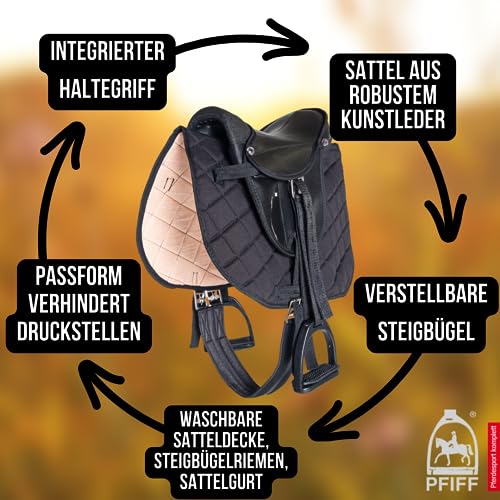 PFIFF 103106 Sattelset für Shettys oder Holzpferde, Komplettset, Kindersattel, Schwarz