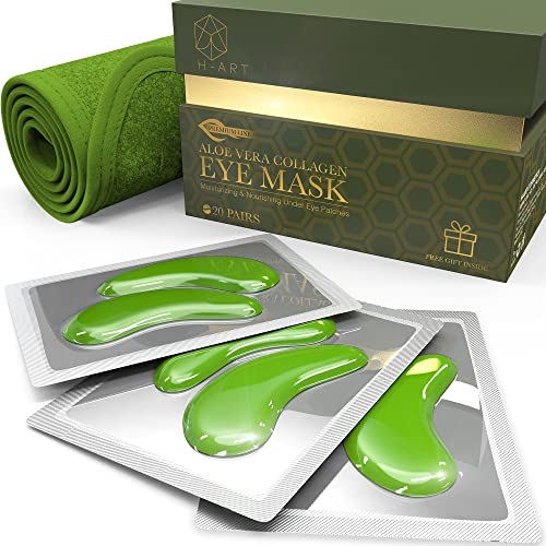 H-Art Cosmetics Under Eye Mask for Dark Circles and Puffiness, Aloe Vera Gel Eye Mask, Skin Care Under Eye Patches, Under Eye Collagen Masks - 20 Pairs Under Eye Gel Pads + Hair Band