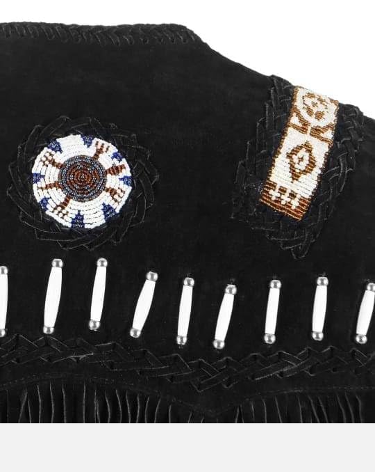 Image of Western Style Cow Suede Leather Vest for Men with Native American-Inspired Design, Fringes, Beads & Braid