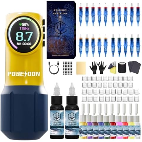 POSEIDON Tattoo Kit, Tattoo Pen Kit, Wireless Rotary Tattoo Gun Kit, LED Color Screen Tattoo Machine Kit with 20 Pcs Tattoo Cartridge Needles and 12 Tattoo Inks, Tattoo Supplies for Beginners Cover