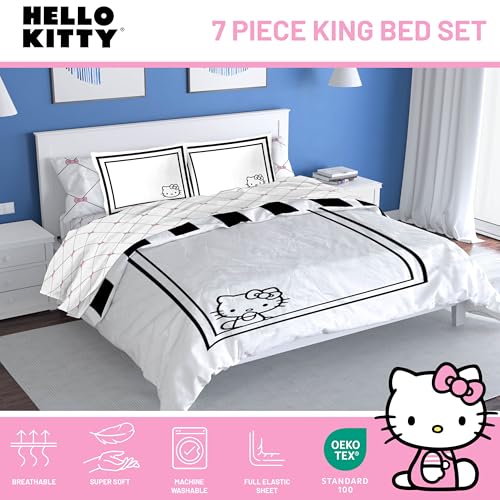 Image of Sanrio Hello Kitty King Comforter Set 7 Piece Bedding for Girls, White