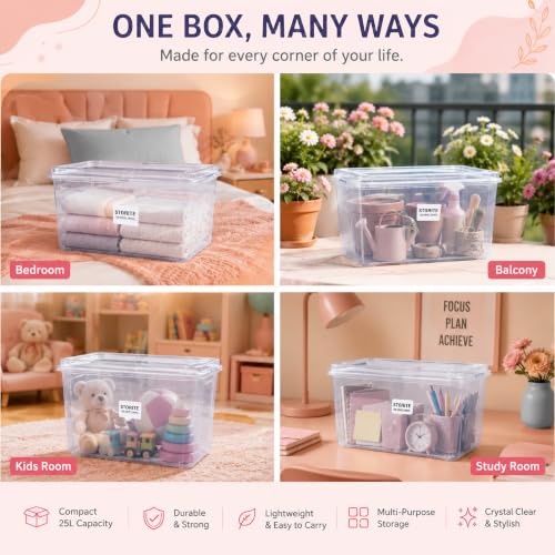 Image of Storite 4 Pcs 25L Plastic Storage Box with Lid-Stackable Organizer Box | Storage Box for Clothes, Kids Toys, Kitchen - Plastic Storage Container Basket for Home, Office, Bathroom(Transparent)