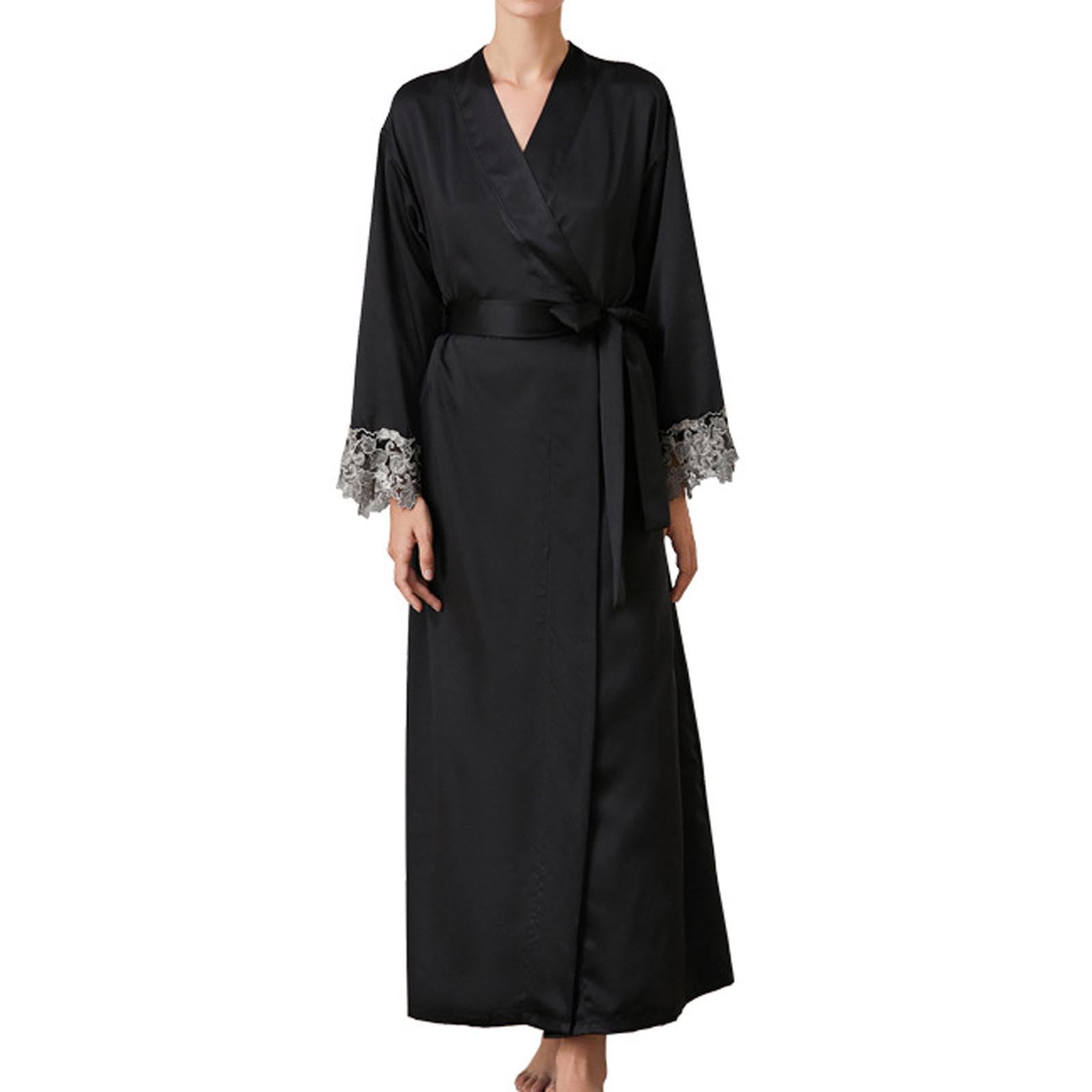 Robes longues soyeuses for femmes, garniture en dentelle, cravate à manches