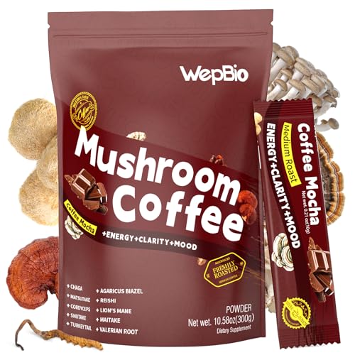 WepBio Mushroom Coffee Mocha 11 in 1 Adaptogenic Mushroom Blend with Ashwagandha KSM-66,Lions Mane,Reishi,Turkey Tail Instant Mushrooms Coffee for Boost Energy,Focus,Sugar-Free,30 Servings