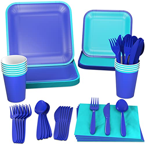 Crayola Hallmark Color Pop Blue and Aquamarine Party Supplies (12 Dinner Plates, 12 Dessert Plates, 12 Paper Cups, 24 Napkins, 12 Sets of Plastic Cutlery) for Birthdays, Baby Showers, Father's Day