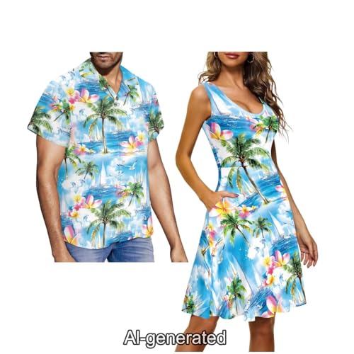 Image of Dreaweet Summer Dresses for Women A-Line Sleeveless Flowy Sun Dresses,Men's Casual Button-Down Shirts,Couple Matching Outfits