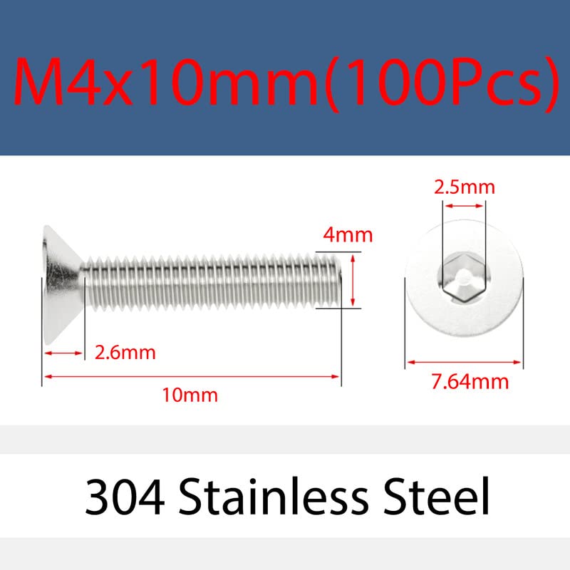 M4 x 10mm 100 Pcs Countersunk Bolts 304 Stainless Steel Hex Socket Cap Screw Flat Head Allen Bolts Machine Screws Fasteners
