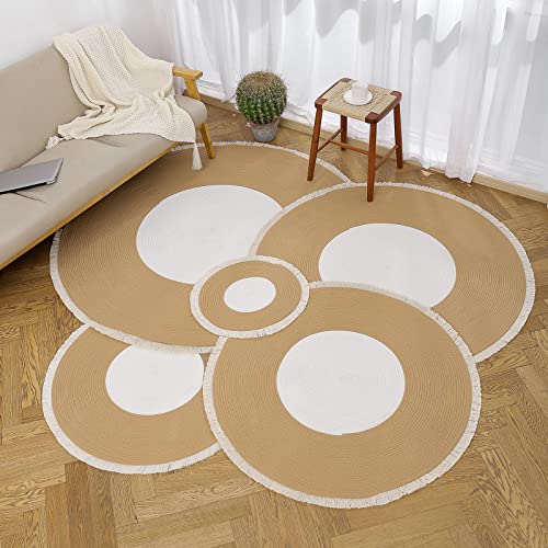 Image of Cotton Rope Rounds Rug with Tassels - Handwoven Bohemian Carpet for Living Room, Bedroom, Pooja & Home Decor, Soft & Washable Floor Mat, White & Beige, 7x7 feet
