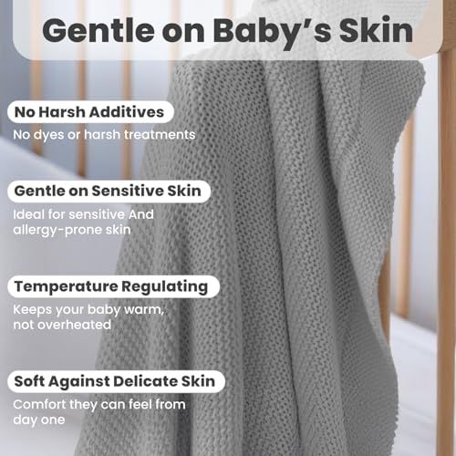 Image of Organic Cotton Baby Blanket 30x40 in, Harbor Mist - GOTS Certified, Soft Knit Swaddle with Gift Box, Breathable Nursery Blanket for Crib & Stroller, Machine Washable