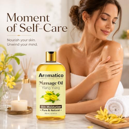 Image of AROMATICO Ylang Ylang Massage Oil - Spa Massage Oil with Almond & Jojoba for Couples, Full Body Stress Relief & Skin Nourishment | 300ml