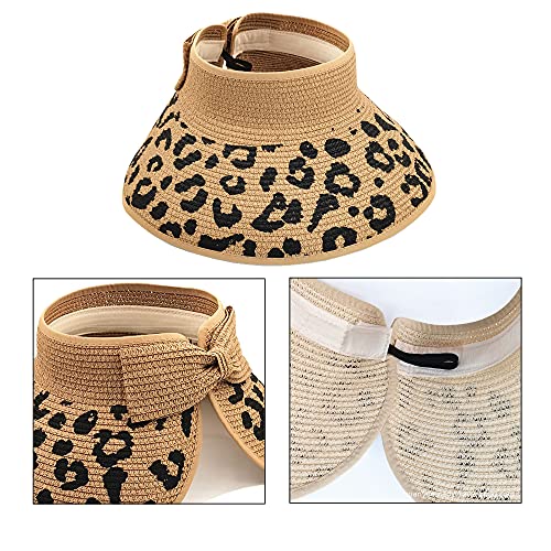 LABANCA Girls Leopard Sun Visor UPF 50+ UV Protection Wide Brim Beach Sun Visor Hat Braided Straw Roll-up Summer Hat4
