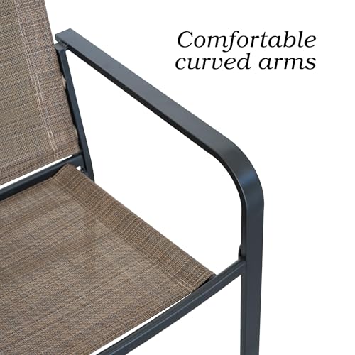 Image of Anmutig 7 Piece Patio Dining Set 54 Inch Round Table Stackable Chairs Brown | Powder-Coated Steel Frame, Quick-Dry Textilene Mesh, Dual-Size Umbrella Hole, Weather Resistant, Patio, Garden, Backyard