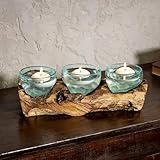 Cape Craftsmen Set of 3 Terrariums | Hand-Blown Blue Tinted Bubble Glasses On Natural Teak Driftwood Terrarium | Home DΓ©cor Indoor Planter with Stand | Glass Clear Pots for Succulent and Plants