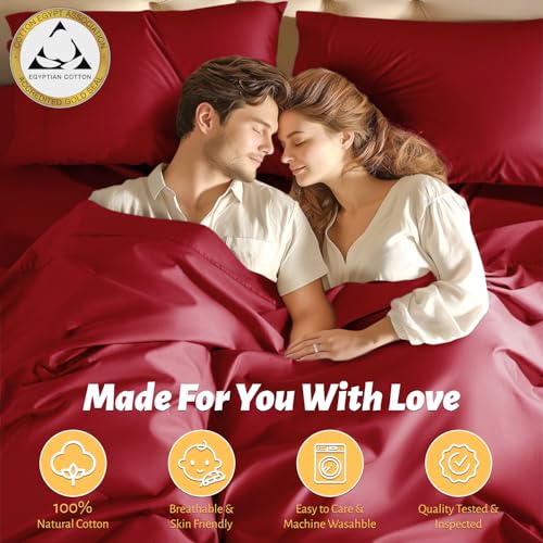Shilucheng 100% Egyptian Cotton Sheets Set,Luxury Cotton Bed Sheets,Breathable Bedding and Pillow Cases, 16 Inch Deep Pocket - 4 Piece (Burgundy, King)