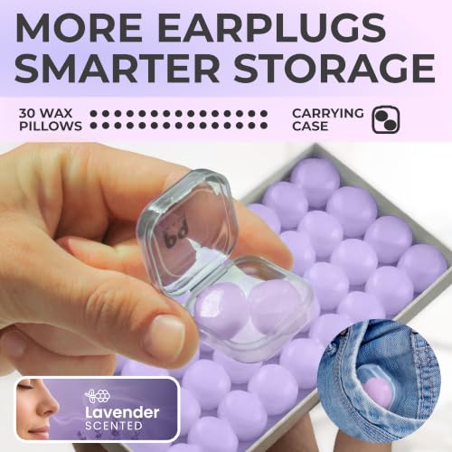Image of Peace&Quiet PQ Wax Ear Plugs for Sleeping, Swimming - 30 Soft Noise Cancelling Silicone Gel Wax Earplugs for Sleep and Swimmers, Ear Protection with Sound Blocking Level of 32 Db, Lavender