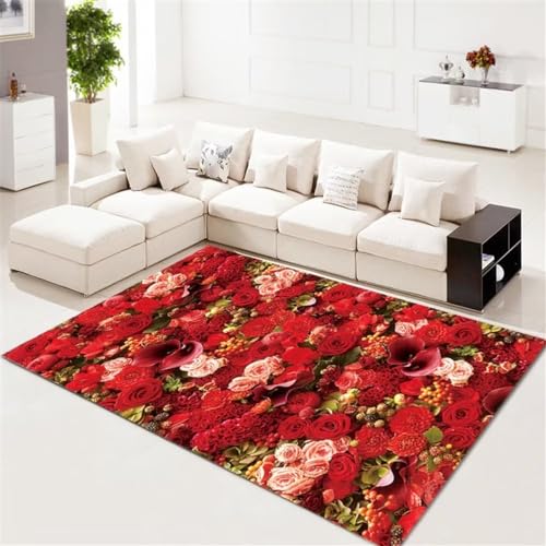 Alfombra rectangular rojo de alta definición infantil y duradera con patrón de flores 2