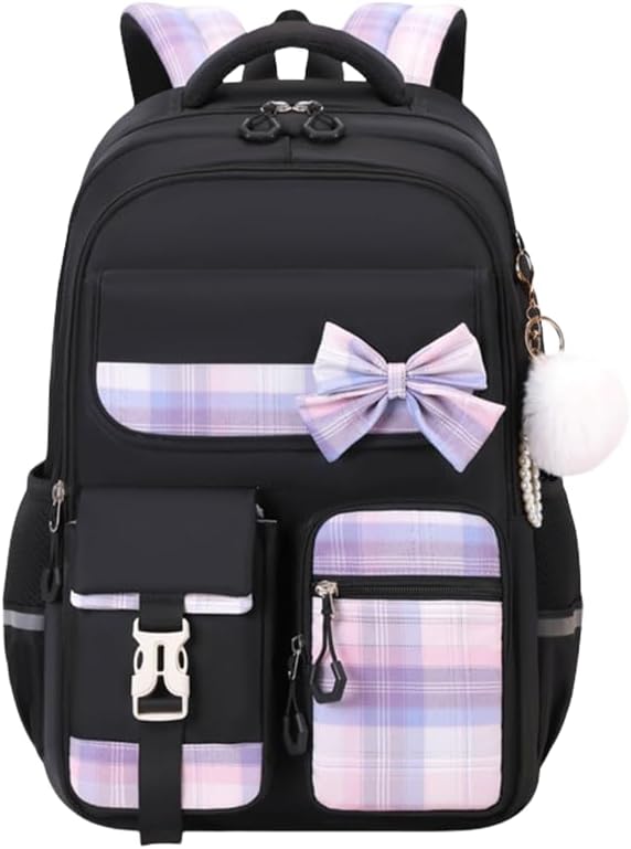 Kids Backpack for Girls, Cute Plaid Large Capacity Bookbag for Students Teens Preppy Aesthetic Kawaii Bow Elementary Primary Middle School Book Bag 6-8 8-10 10-12 (Black)
