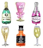 6 Pack Party Large Foil Balloons - Whiskey and Champagne Bottles with Goblet Glasses 33in. Tall