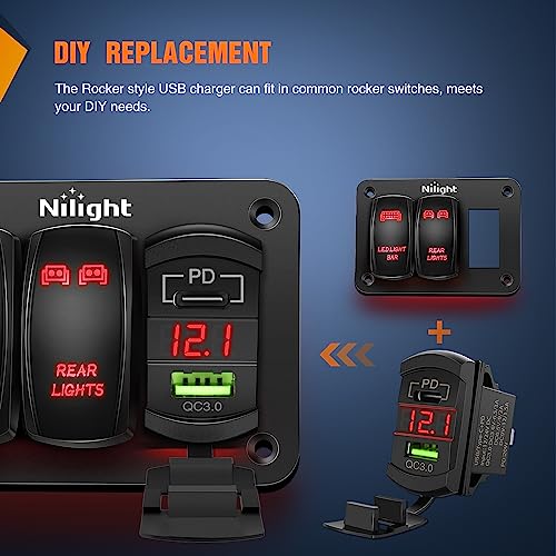 Image of Nilight Rocker Switch Style PD Type C and USB Outlet LED Voltmeter | Red LED Quick connector 12V QC 3.0 Cars Charger Replacement with Inline Fuse for Switches Panel on Boats RV Truck Car