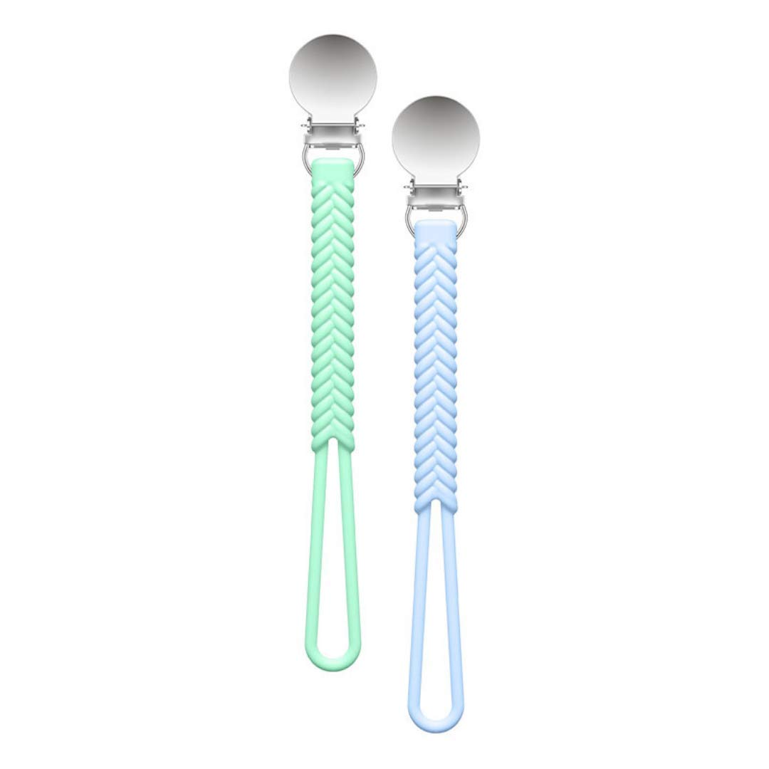 Silicone Pacifer Clip - Braided Paci Holder by Pickle and Olive - Set of 2 (Blue + Mint)