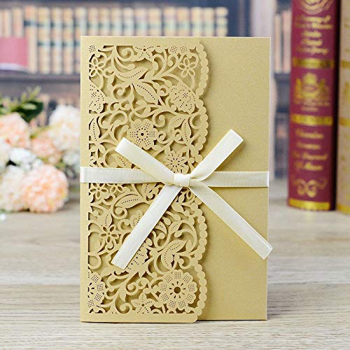 Inviti Matrimonio 50 pezzi di biglietti invito for matrimonio, auguri con fiori in pizzo a tre ante e nastri for feste(Gold Cover inner)