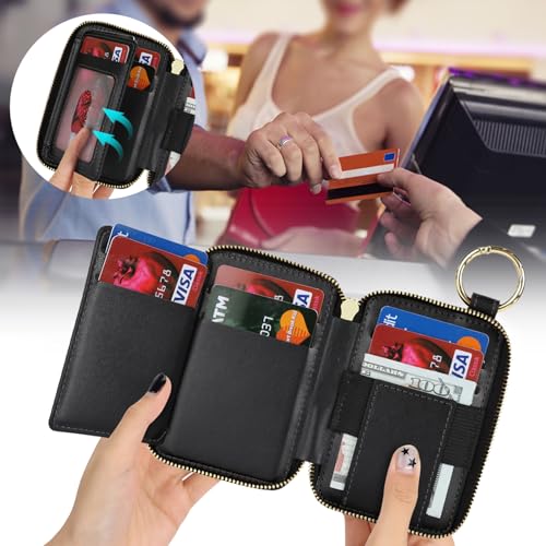 Image of Compatible with MagSafe Wallet,Magnetic Phone Wallet Card Holder for iPhone 17 /16 Pro Max /15 Pro /14 Plus /13 /12 Series,PU Leather Zipper Pocket Adjustable Stand-Black