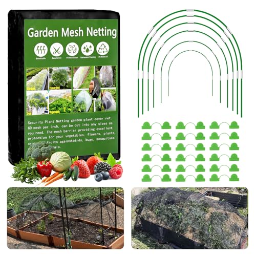 Garden Mesh Netting Kit 10x30FT Black Ultra Fine Netting & 6 Sets 8FT Fiberglass Garden Hoops Garden Netting with Frame for Raised Beds Garden Hoops and Netting for Row Cover Plant Insect Barrier