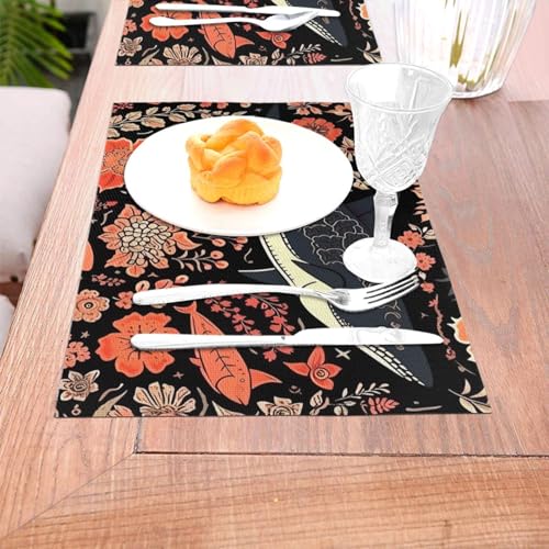 Sets de table tissés haut de gamme design noir et orange pour salle à manger - 5