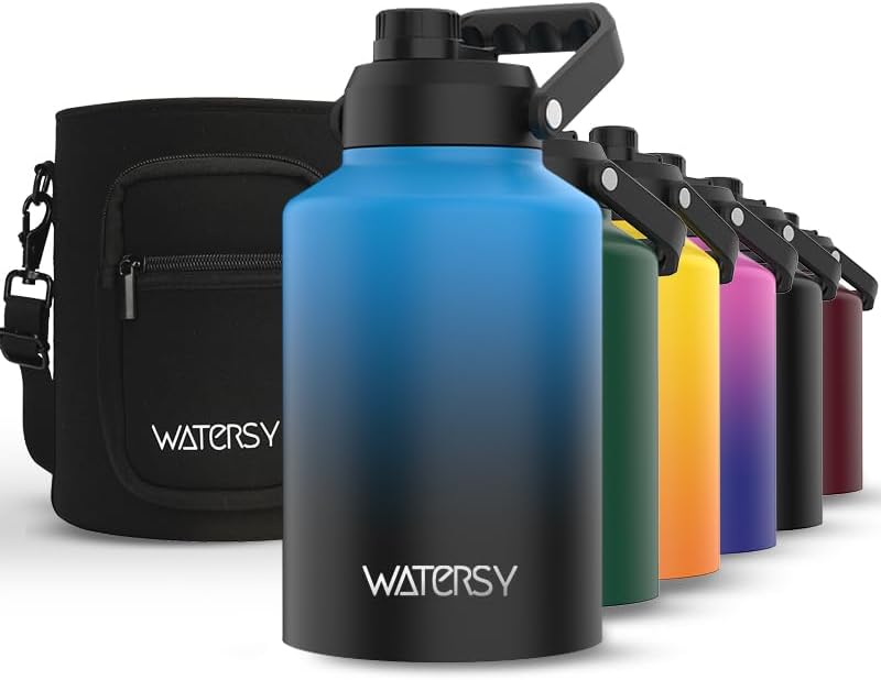 WATERSY 1 Gallon Water Bottle Insulated(Cold for 48 Hrs),BPA Free&Leak Proof,128oz Stainless Steel Water Jug,Big thermo,Large Water Bottle with Handle for Gym,Hiking,Camping&Travel,Gradient Blue